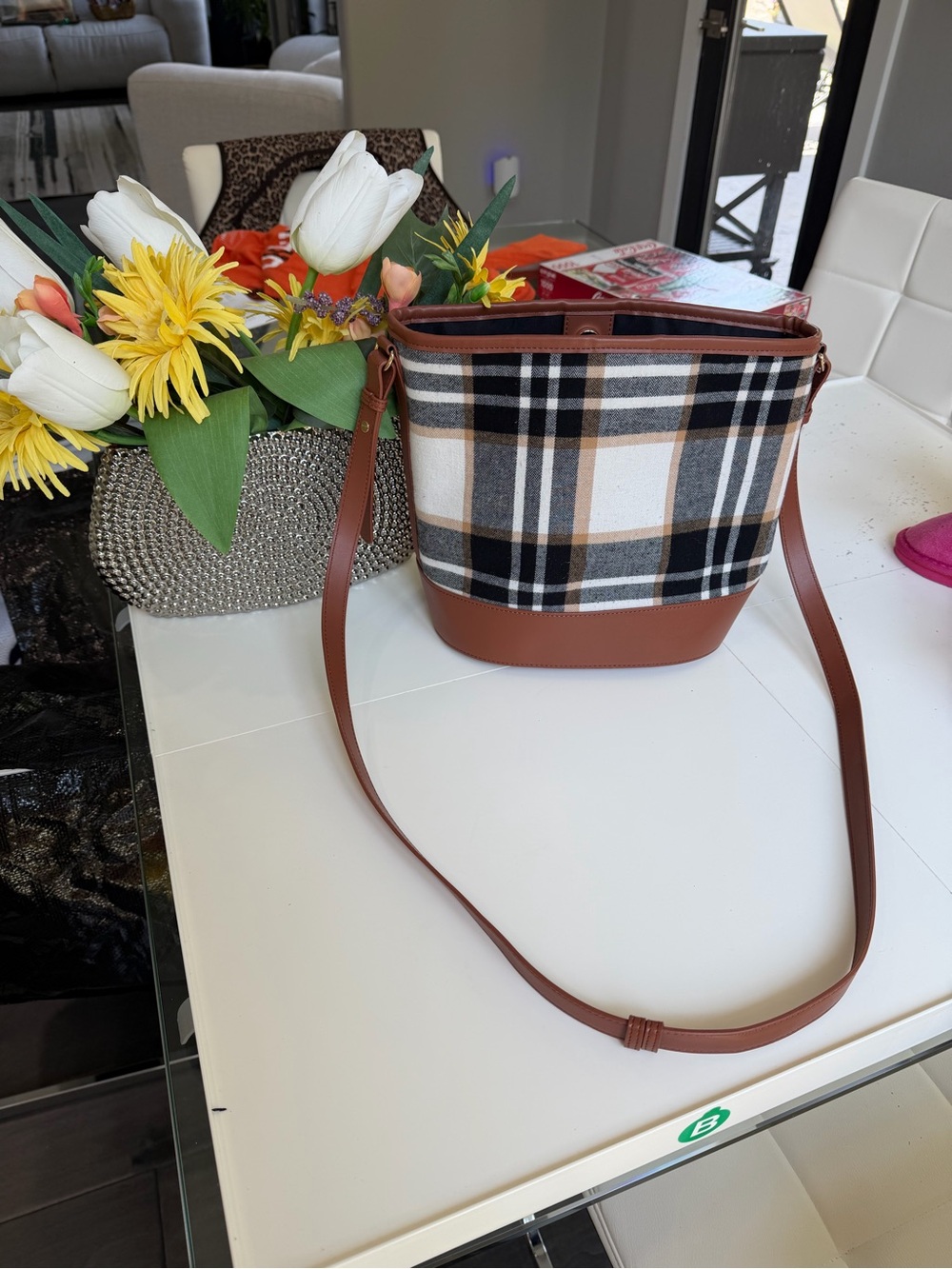 LOFT Brown Trim Plaid Crossbody Bag